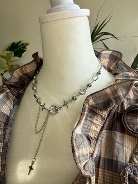 Y2k Celestial Silver Crystal Accent Cross Lariat Necklace -  Unisex Jewelry